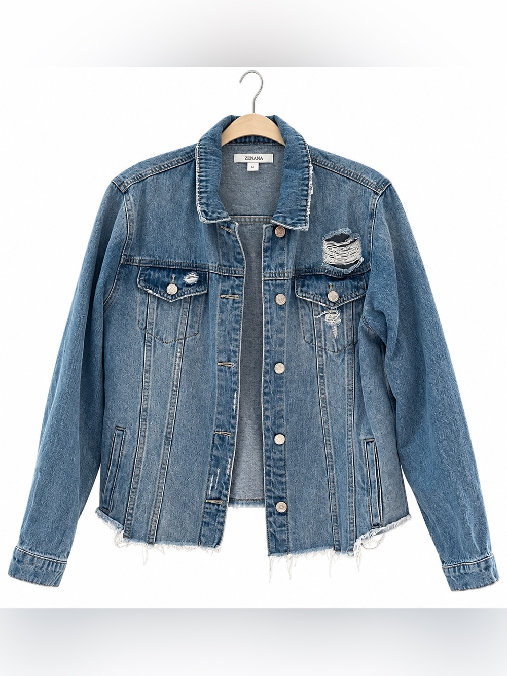 Zenana Outfitters Blue Distressed Denim Jacket with Frayed Hem